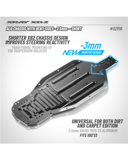 XB2'23 ALU CHASSIS WITH BENT SIDES - 2.5MM - SHORT - XRAY - 321118