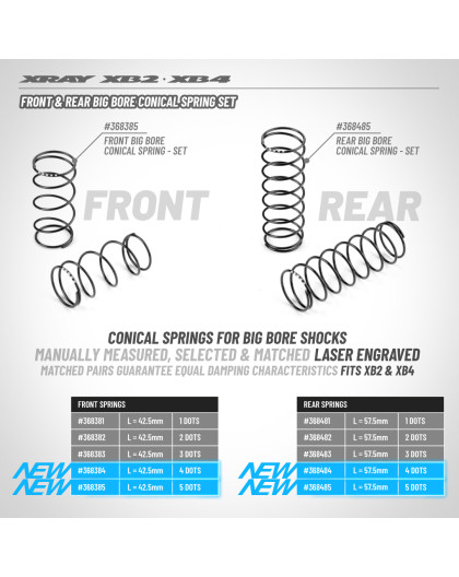 FRONT BIG BORE CONICAL SPRING-SET L42.5MM -4 DOTS (2) - XRAY - 368384 FRONT BIG BORE CONICAL SPRING-SET L42.5MM -4 DOTS (2) - XRAY - 368384