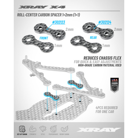X4 Cales de centre de roulis arrière 1+2mm (2) - XRAY - 302124